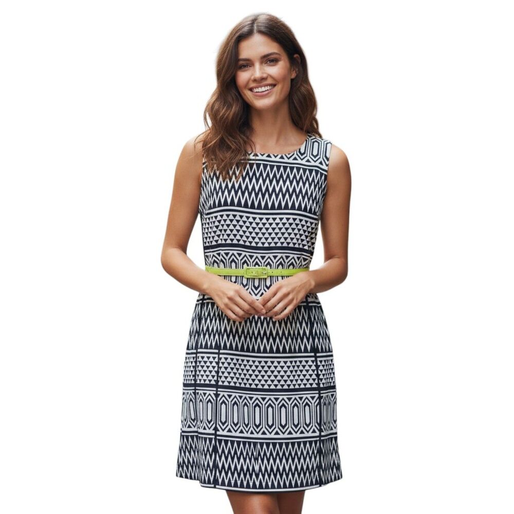 Chetta B Navy Geometric Dress Lime Belt